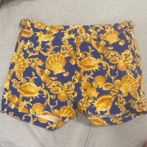 Orlebar Brown Navy and Gold Shell-Print Swim Trunks